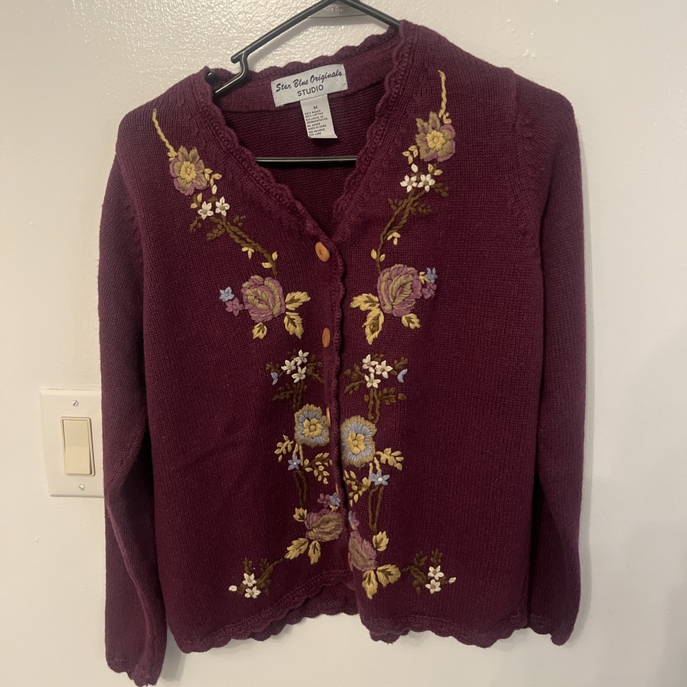 Star Blue Originals Vintage Embroidered Cardigan Purple Floral 90s Boho Medium